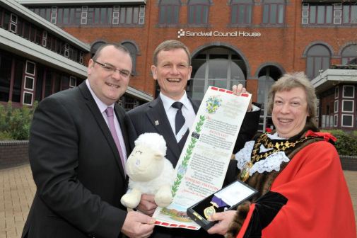 Blind Dave made Honorary Freeman of the Borough of Sandwell with Mayor Joyce Underhill and Leader of the Council Darren Cooper